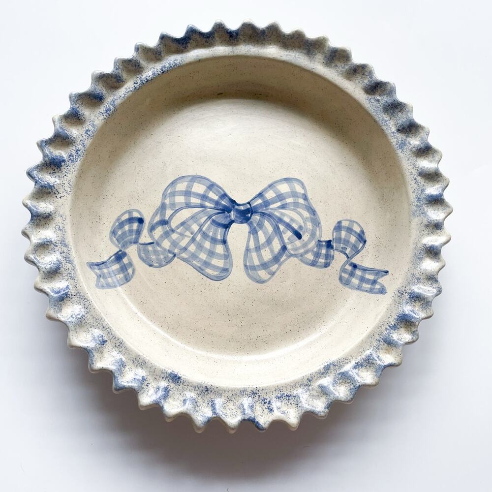Cottagecore 90s Blue and White Gingham Bow Ceramic Pie Plate